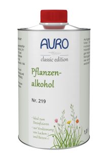 AURO Plant Alcohol No. 219 in a 1-litre tin bottle with label, all-natural solution for cleaning and thinning.