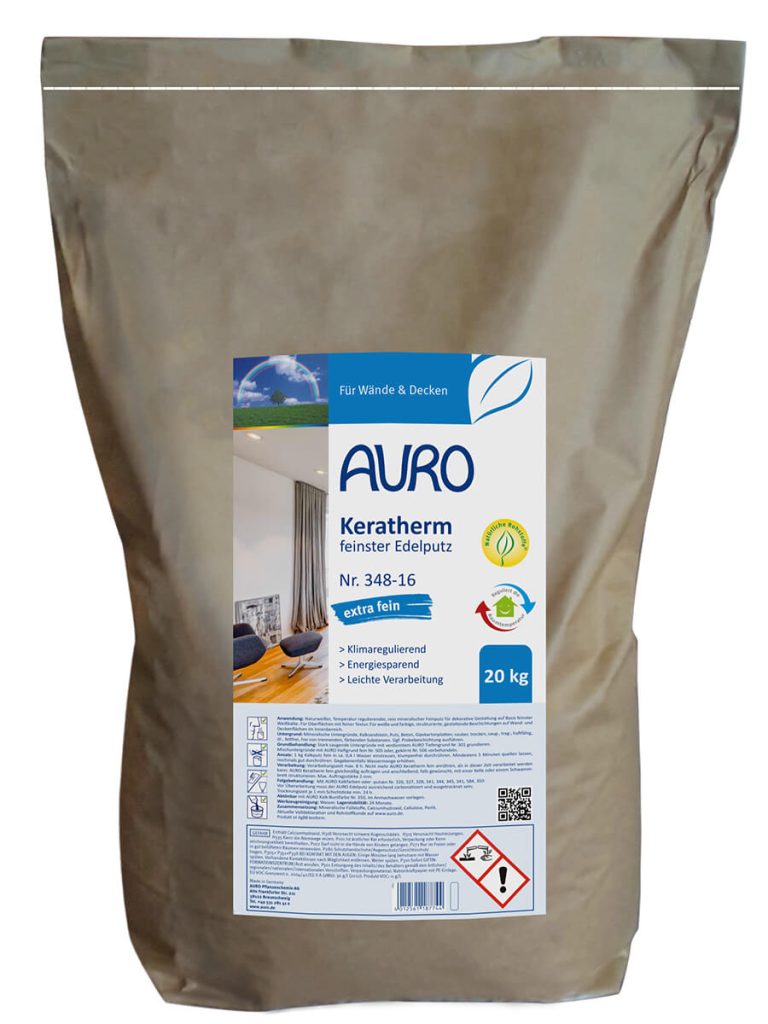 AURO Keratherm, ince No. 348-16 ekstra ince ince sıva, doğal beyaz etiketli 20 kg torbada
