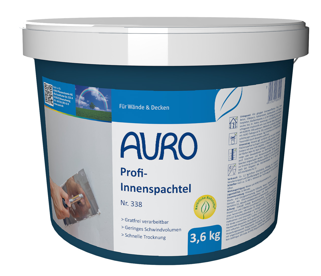 AURO Profi İç Mekan Macunu No. 338 – emisyonsuz iç mekan tasarımı için 3,6 kg ambalaj