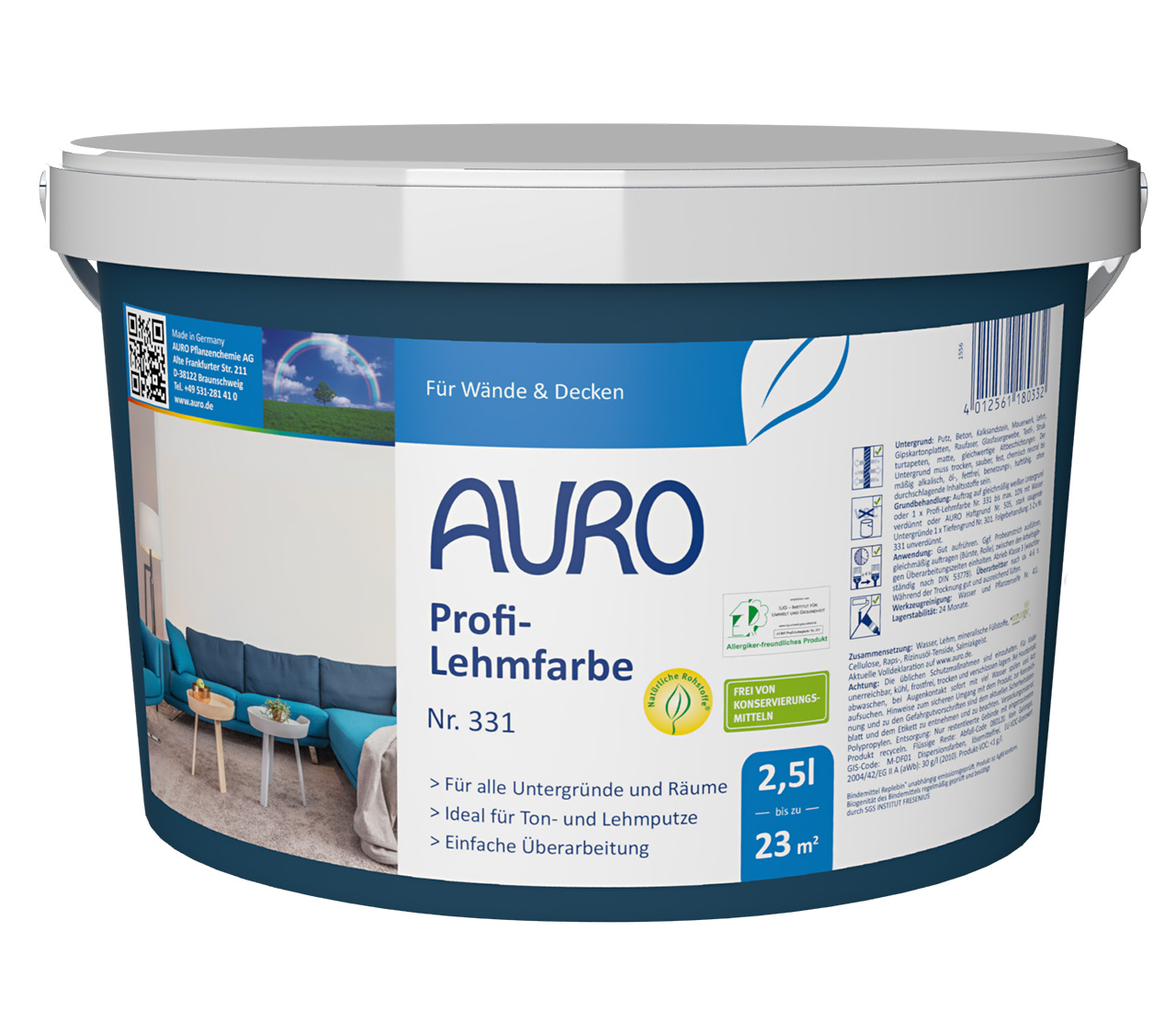 AURO Profi Kil Boyası No. 331, 2,5 litrelik ambalaj, ürün etiketi ve REPLEBIN® mührü ile