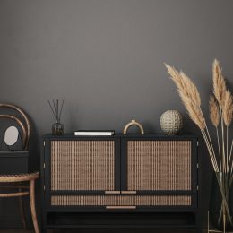 Blank wall in dark farmhouse living room interior, 3d render