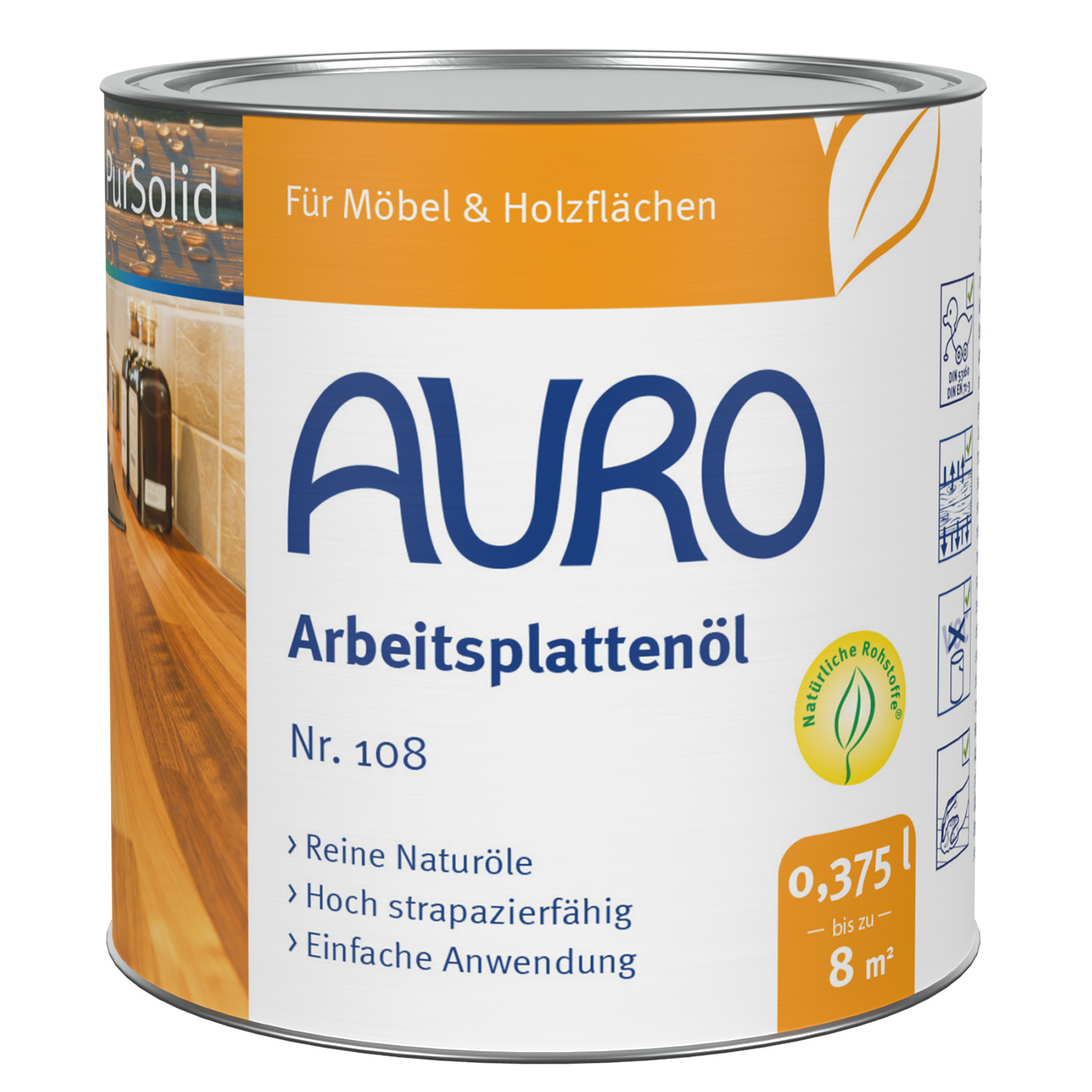 0,375 litre AURO Tezgah Yağı No. 108, solvent içermez, etiketinde Naturfarben mührü ile.