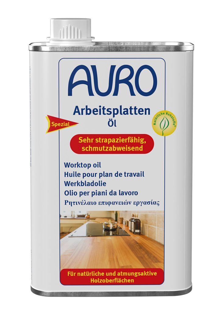 0,5 litre AURO Tezgah Yağı No. 108, solvent içermez, etiketinde Naturfarben mührü ile.