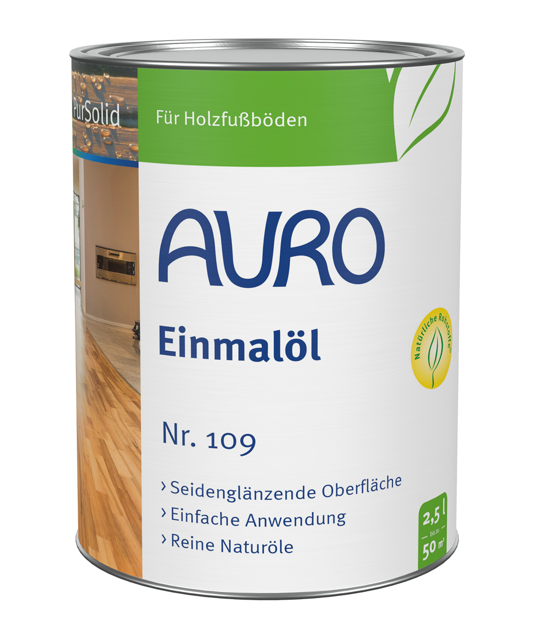 AURO Einmalöl No. 109, 2,5 litrelik ambalajda, doğal haliyle, Bio mührü ile, büyük ahşap yüzeyler için ideal.