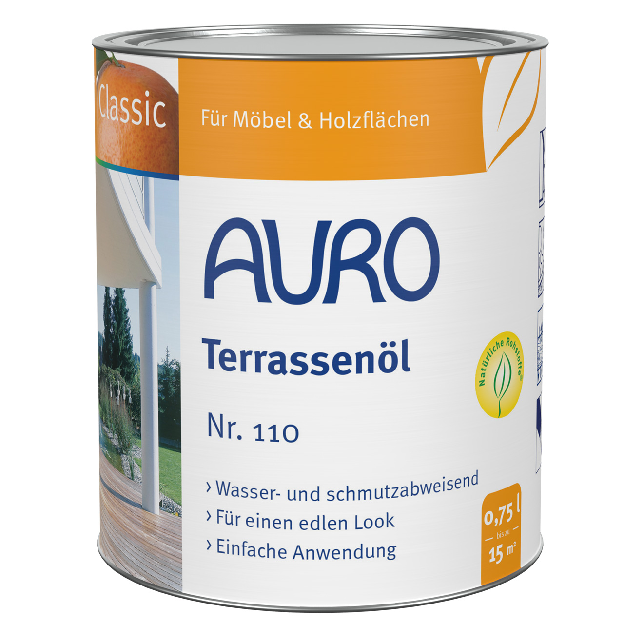 AURO Teras Yağı No. 110 – 0,75 litre doğal renkli, ahşap teraslar için doğal hava koruması
