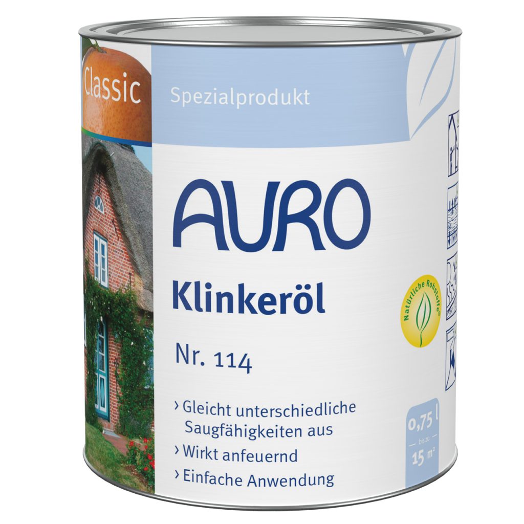 0,75 litrelik kutu AURO Klinker Yağı No. 114, Bio etiketli, net baskılı ve klinker için canlandırıcı koruma.