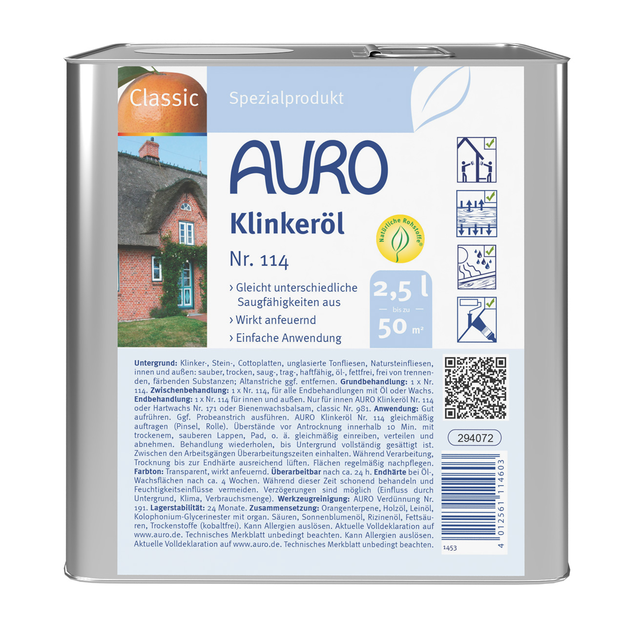 AURO Klinker Yağı No. 114 2,5 litrelik bidon, Bio etiketi, büyük baskılı ve klinker için açık gözenekli koruma ile.
