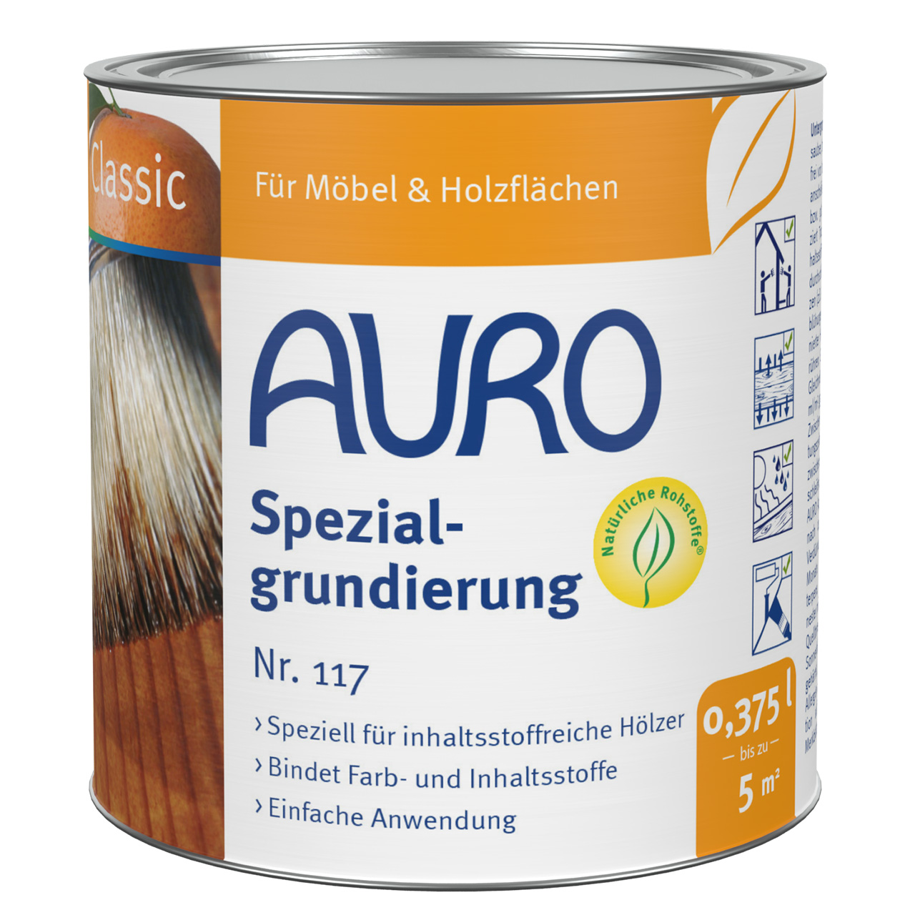 AURO Özel Astar No. 117, 0,375 litre kutu, Naturfarben, emisyon test edilmiş, ahşap astarı.