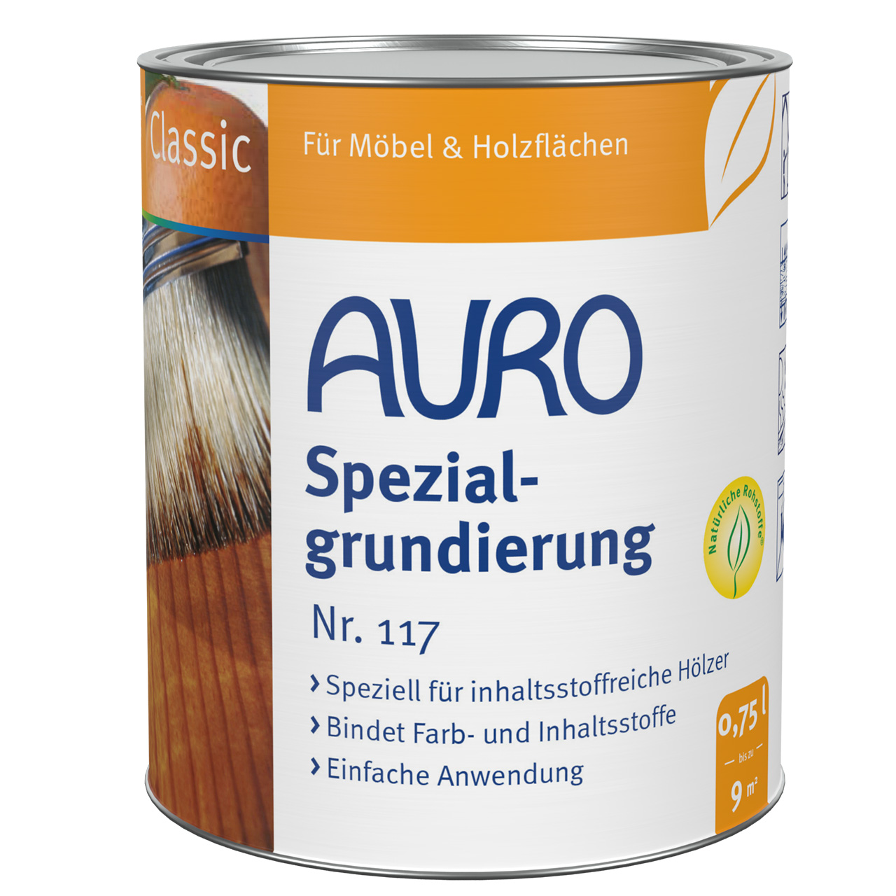 AURO Özel Astar No. 117, 0,75 litre kutu, emisyon test edilmiş, Naturfarben, ahşap astarı.