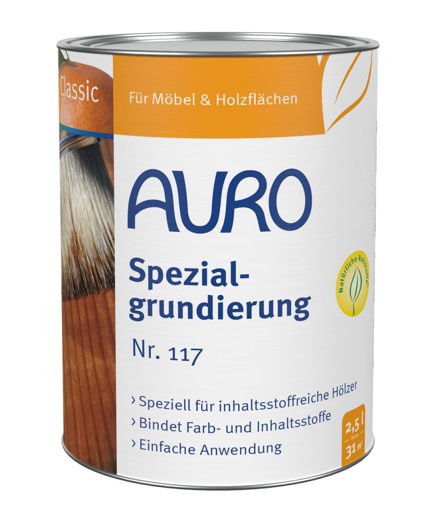 AURO Özel Astar No. 117, 2,5 litre kutu, emisyon test edilmiş, Naturfarben, ahşap astarı.