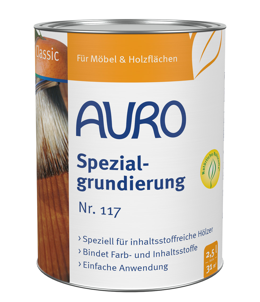 AURO Özel Astar No. 117, 2,5 litre kutu, emisyon test edilmiş, Naturfarben, ahşap astarı.
