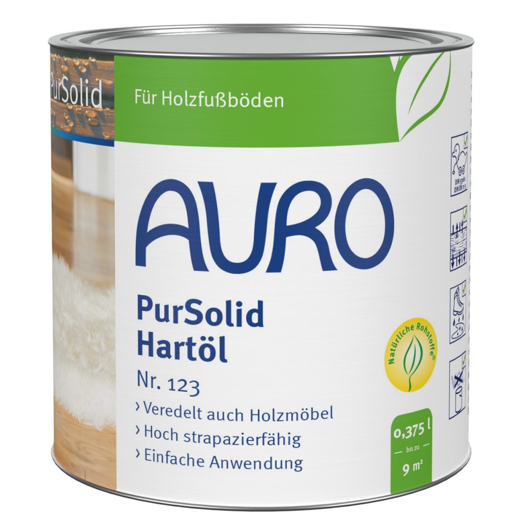 AURO PurSolid Sert Yağ No. 123, 0,375 litrelik kutu, solvent içermez, iç mekanlar için şeffaf ahşap yağı.