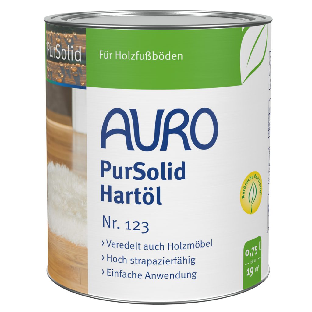 AURO PurSolid Sert Yağ No.123, 0,75 litre kutu, iç mekanlar için şeffaf, solvent içermeyen ahşap yağı.