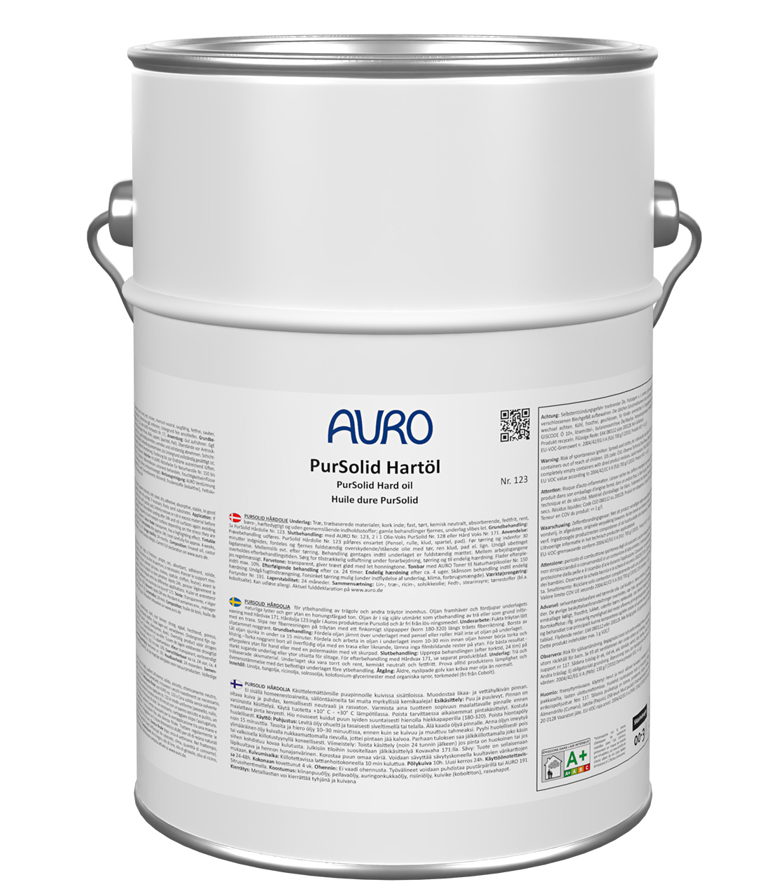 AURO PurSolid Sert Yağ No.123, 10 litre kutu, solvent içermez, zeminler ve iç mekanlar için şeffaf ahşap yağı.