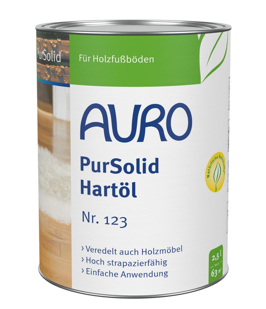 AURO PurSolid Sert Yağ No.123, 2,5 litre kutu, solvent içermez, iç mekanlar için şeffaf ahşap yağı.