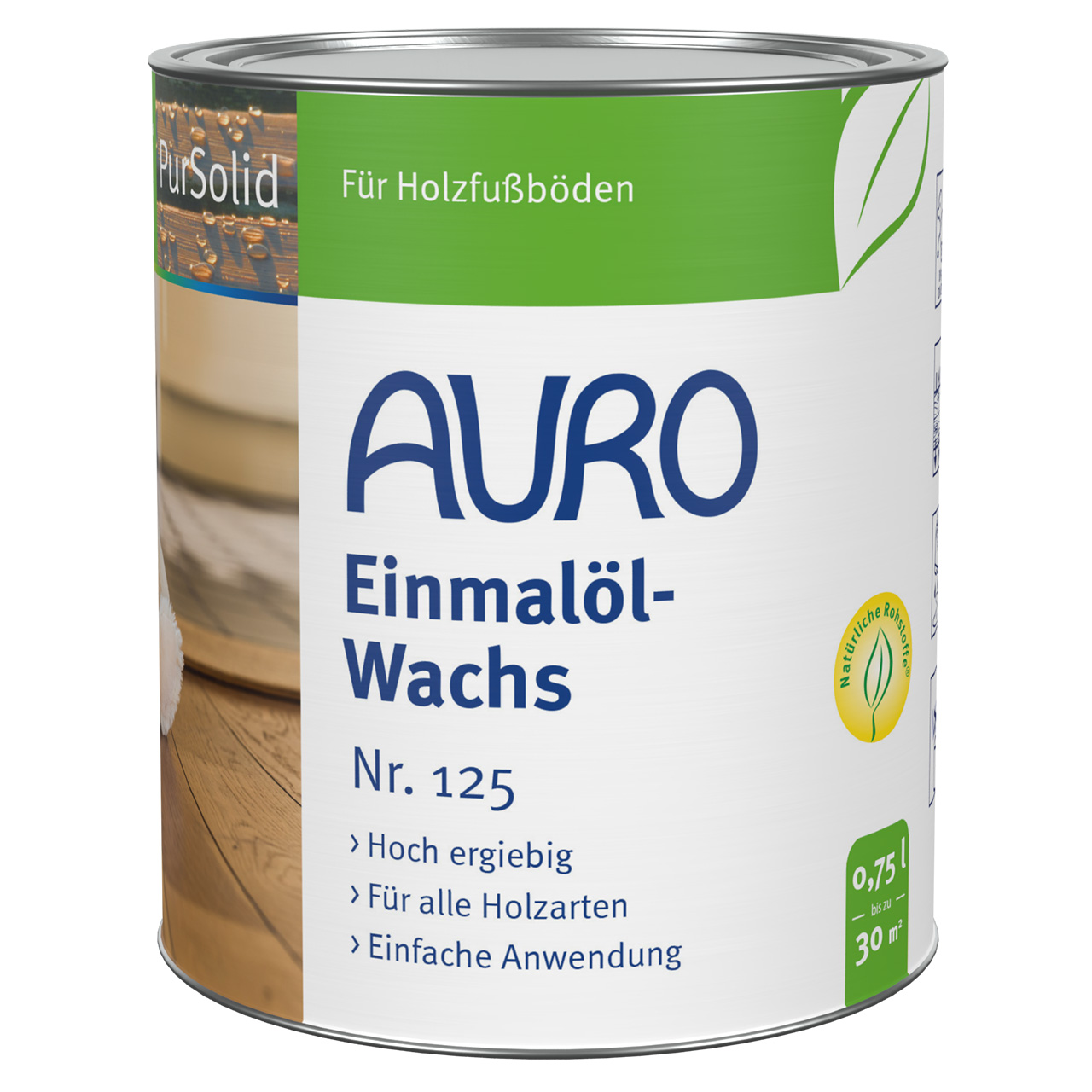 AURO Einmalöl-Wachs No. 125, 0,75 litre kutu, mobilyalar ve zeminler için doğal renkli etiket.