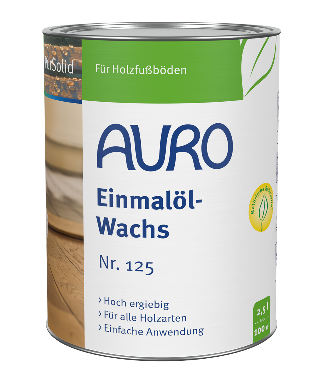 AURO Einmalöl-Wachs No. 125, 2,5 litre kutu, mobilyalar ve büyük zeminler için doğal renkli etiket.