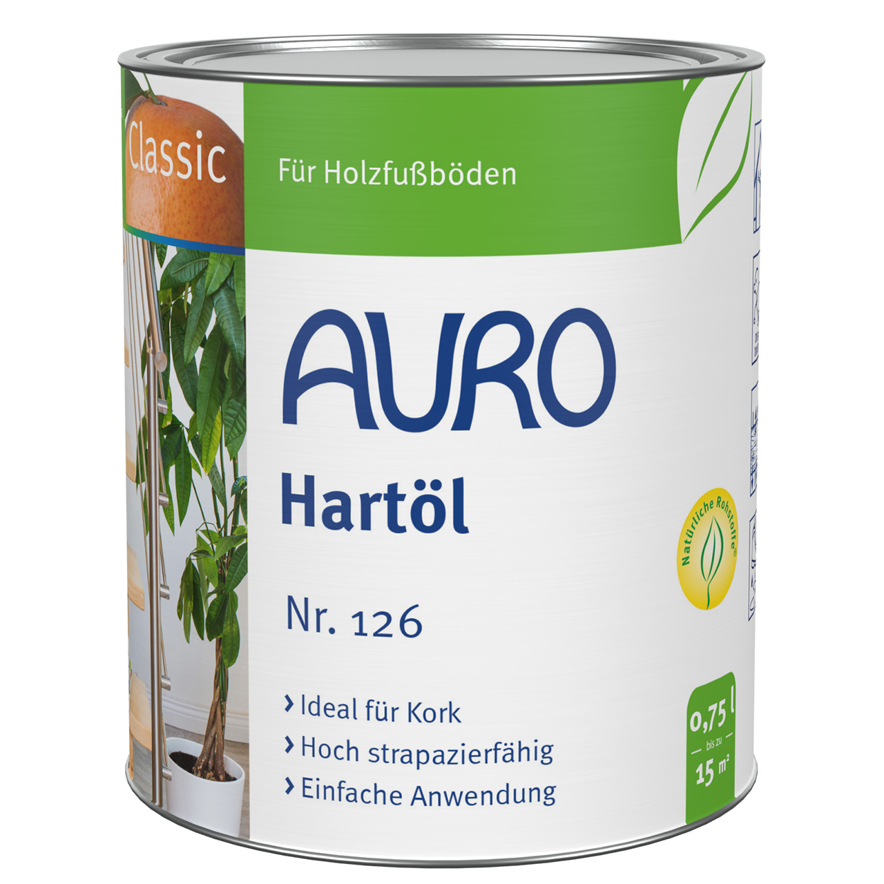 AURO Sert Yağ No. 126, doğal renkli, iç mekanda ahşap ve mantar için 0,75 litrelik kutu.