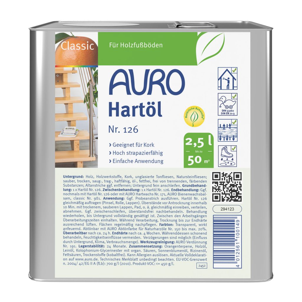 AURO Sert Yağ No. 126, 2,5 litrelik bidonda, doğal renkli, ahşap bakımı ve astarı için.