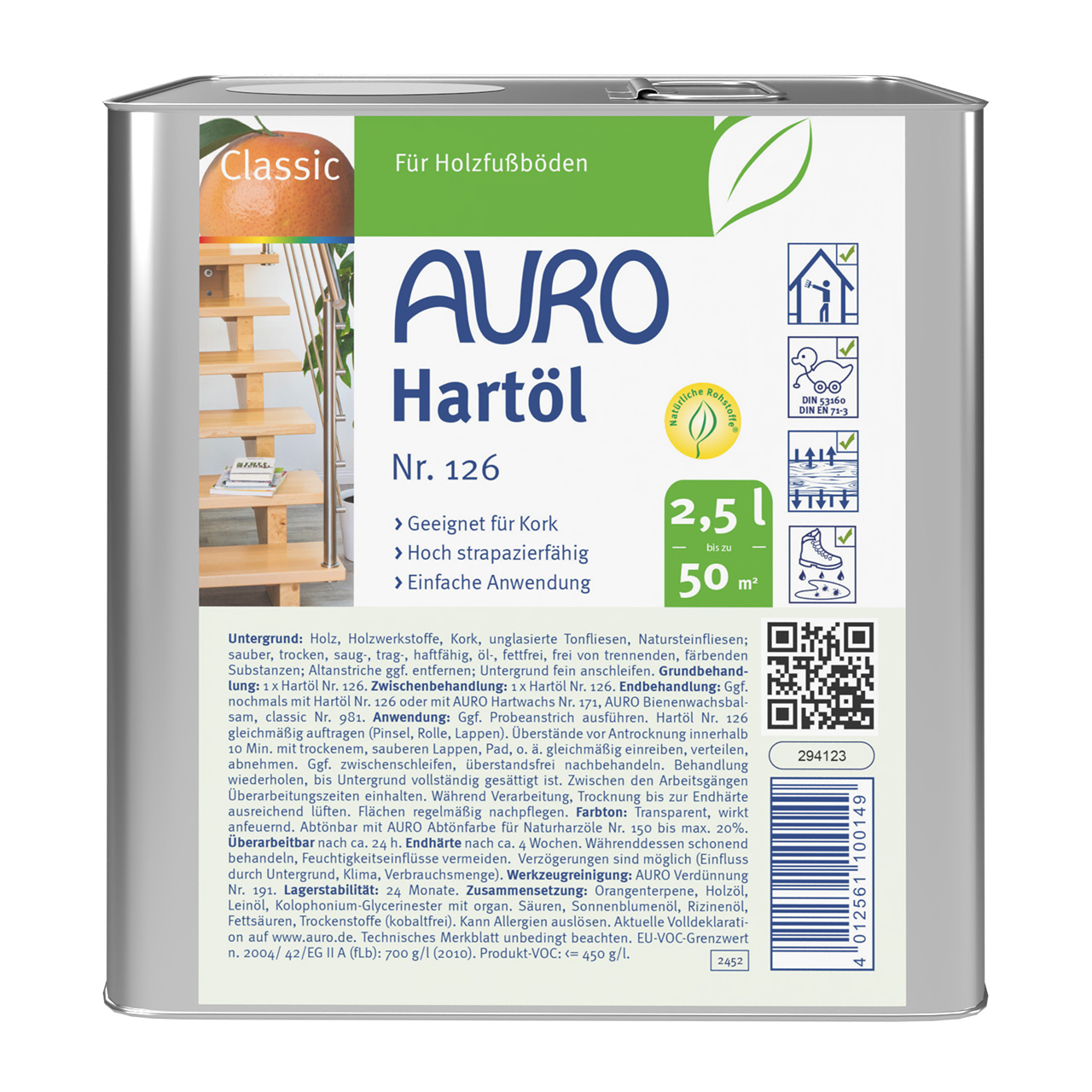 AURO Sert Yağ No. 126, 2,5 litrelik bidonda, doğal renkli, ahşap bakımı ve astarı için.
