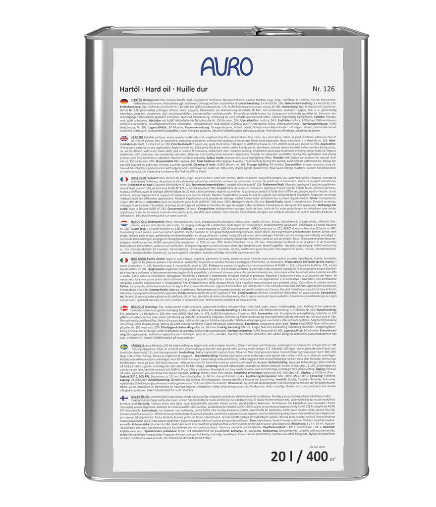 AURO Sert Yağ No. 126, 20 litrelik bidonda, doğal renkli, profesyonel ahşap bakımı için.