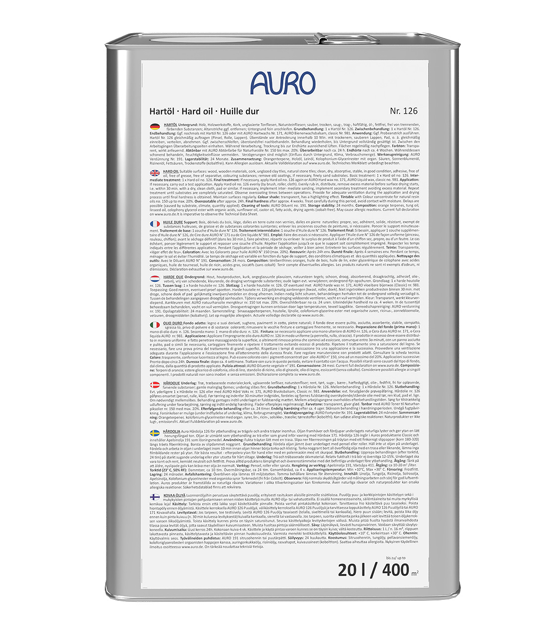 AURO Sert Yağ No. 126, 20 litrelik bidonda, doğal renkli, profesyonel ahşap bakımı için.