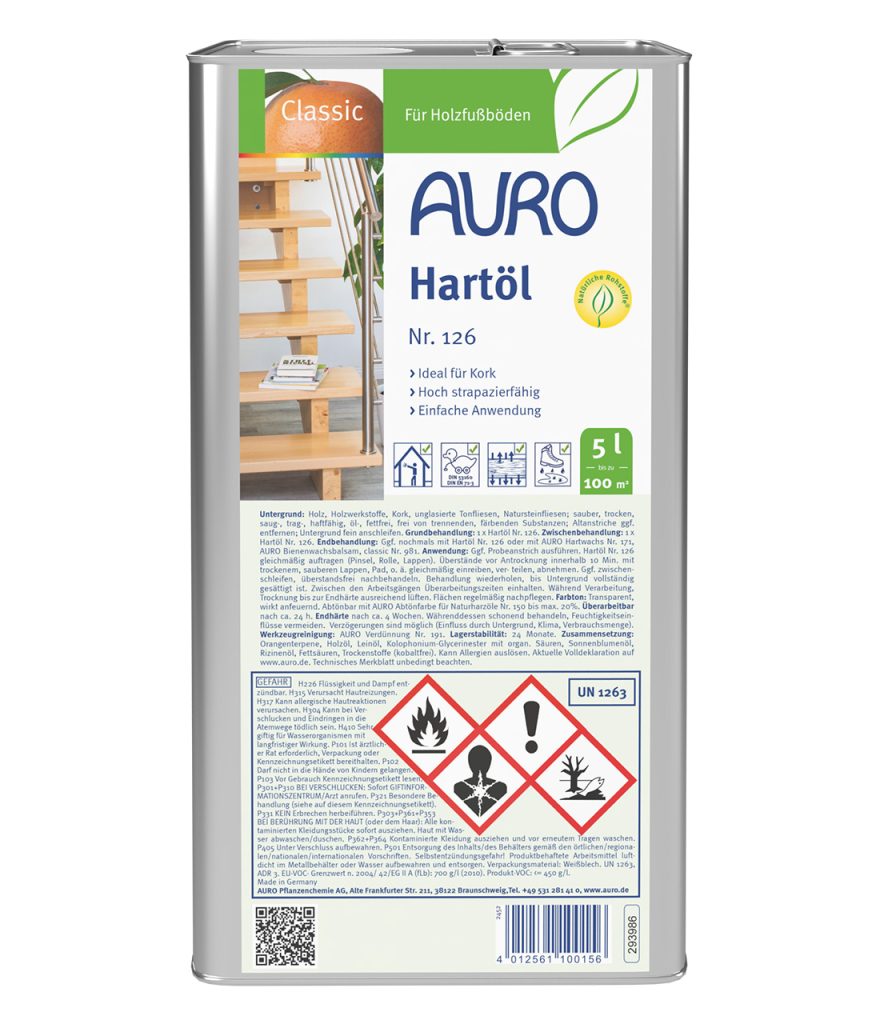 AURO Sert Yağ No. 126, doğal renkli, 5 litrelik bidon, iç mekanlar ve ahşap koruması için.