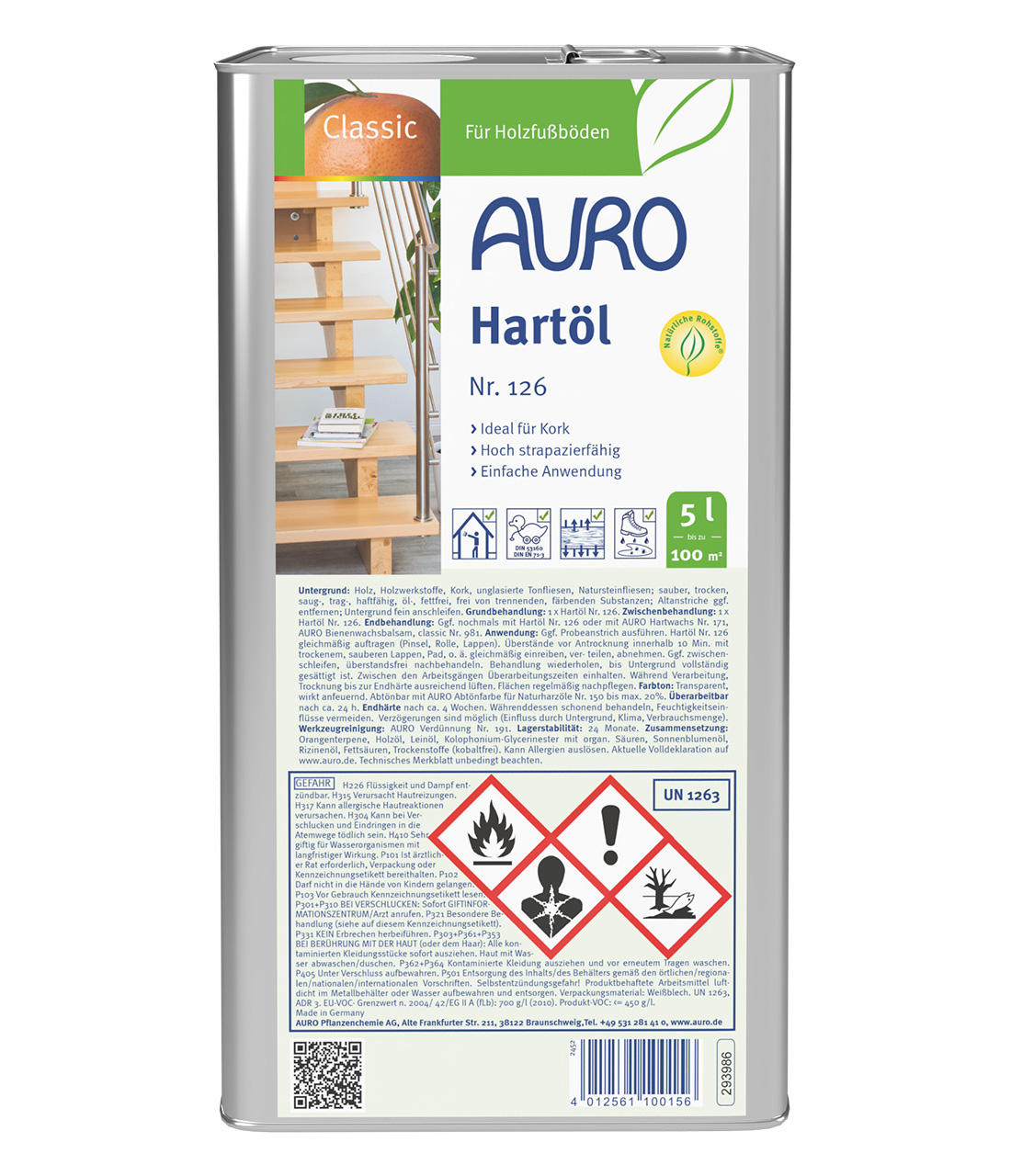 AURO Sert Yağ No. 126, doğal renkli, 5 litrelik bidon, iç mekanlar ve ahşap koruması için.