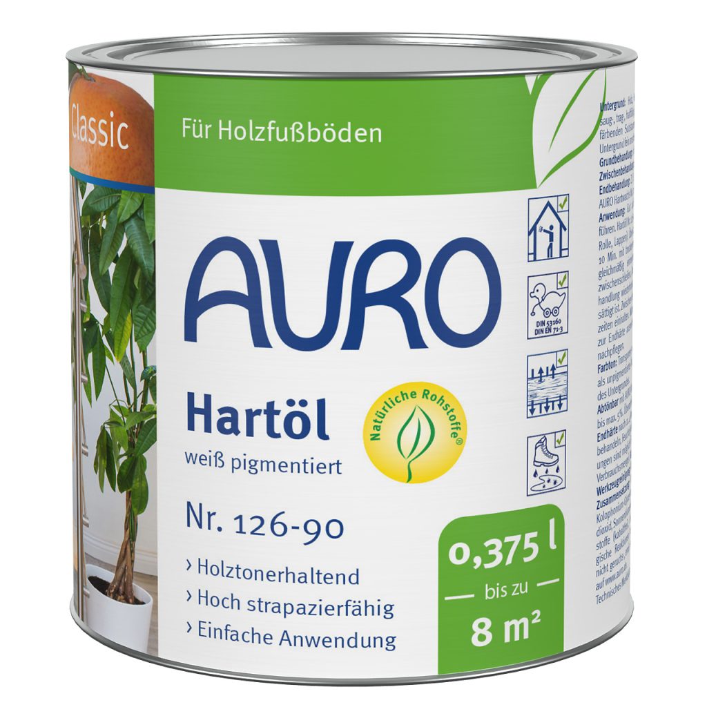 AURO Sert Yağ No. 126-90, 0,375 litrelik kutu, beyaz pigmentli, Bio mührü, açık renkli ahşap yüzeyler için.