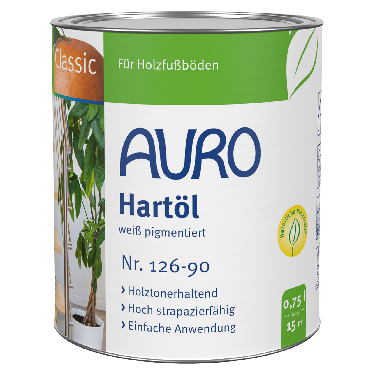 AURO Sert Yağ No. 126-90, 0,75 litrelik kutu, beyaz pigmentli, Bio sertifikalı, mobilya ve ahşap yüzeyler için.