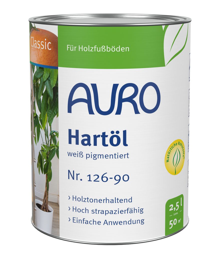 AURO Sert Yağ No. 126-90, 2,5 litrelik kutu, beyaz pigmentli, Bio mührü, daha geniş ahşap yüzeyler için ideal.
