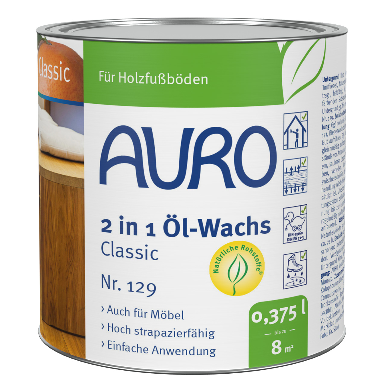 AURO 2'si 1 Arada Yağ-Mum Classic No. 129, 0,375 litrelik kutu, doğal renkli, ahşap bakım ürünü.
