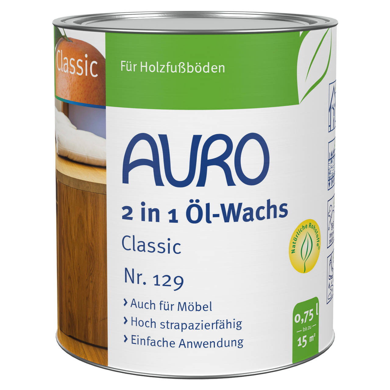 AURO 2'si 1 Arada Yağ-Mum Classic No. 129, 0,75 litrelik kutu, doğal renkli, profesyonel ahşap koruması.