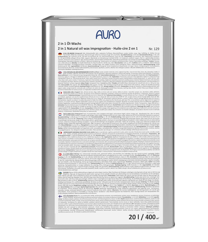 AURO 2'si 1 Arada Yağ-Mum Classic No. 129, 10 litrelik bidon, doğal renkli, profesyoneller için ahşap koruması.