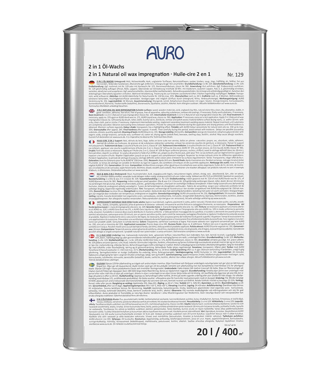 AURO 2'si 1 Arada Yağ-Mum Classic No. 129, 10 litrelik bidon, doğal renkli, profesyoneller için ahşap koruması.