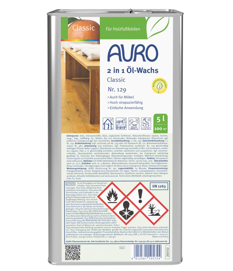 AURO 2'si 1 Arada Yağ-Mum Classic No. 129, 5 litrelik bidon, doğal renkli, endüstriyel ahşap bakımı.