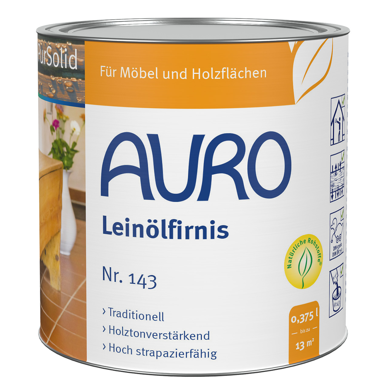 AURO Bezir Yağı Verniği No. 143, 0,375 litrelik kutu, Naturfarben, ahşap koruma