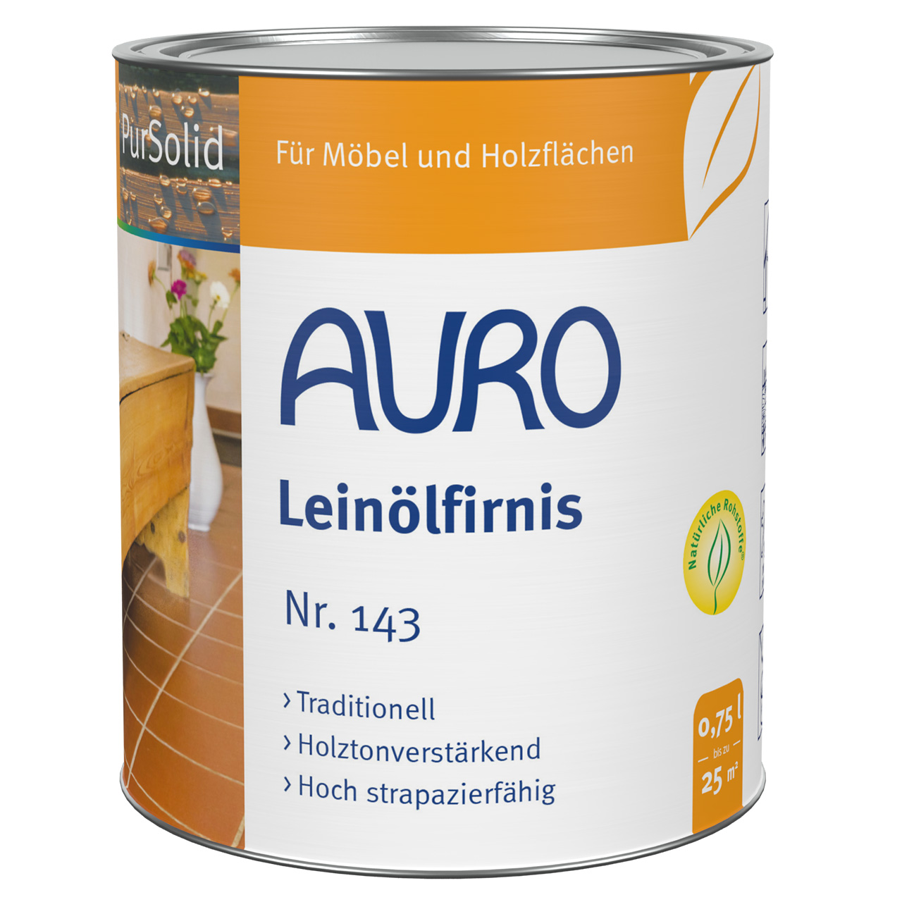 AURO Bezir Yağı Verniği No. 143, 0,75 litrelik kutu, Naturfarben, ahşap bakımı için