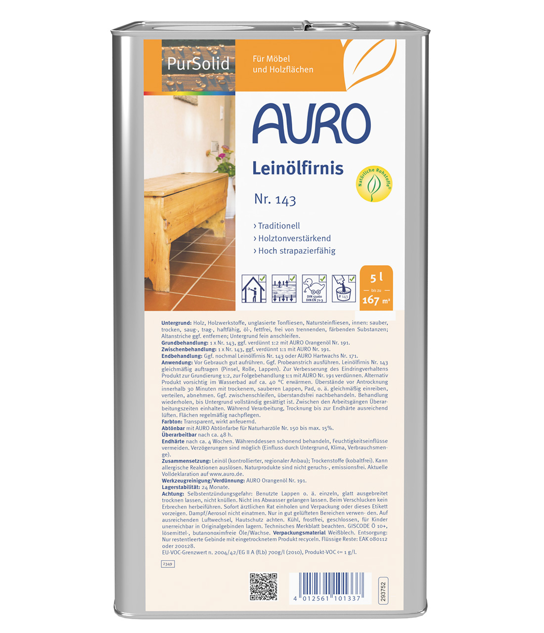 AURO Bezir Yağı Verniği No. 143, 5 litrelik bidon, Naturfarben, ahşap yüzeyler için