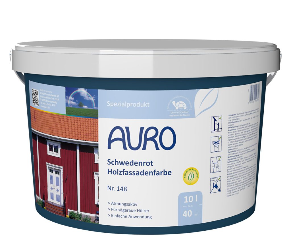 AURO İsveç Kırmızısı Ahşap Cephe Boyası No. 148, 10 litre ambalaj, büyük ahşap cepheler için solvent içermez.