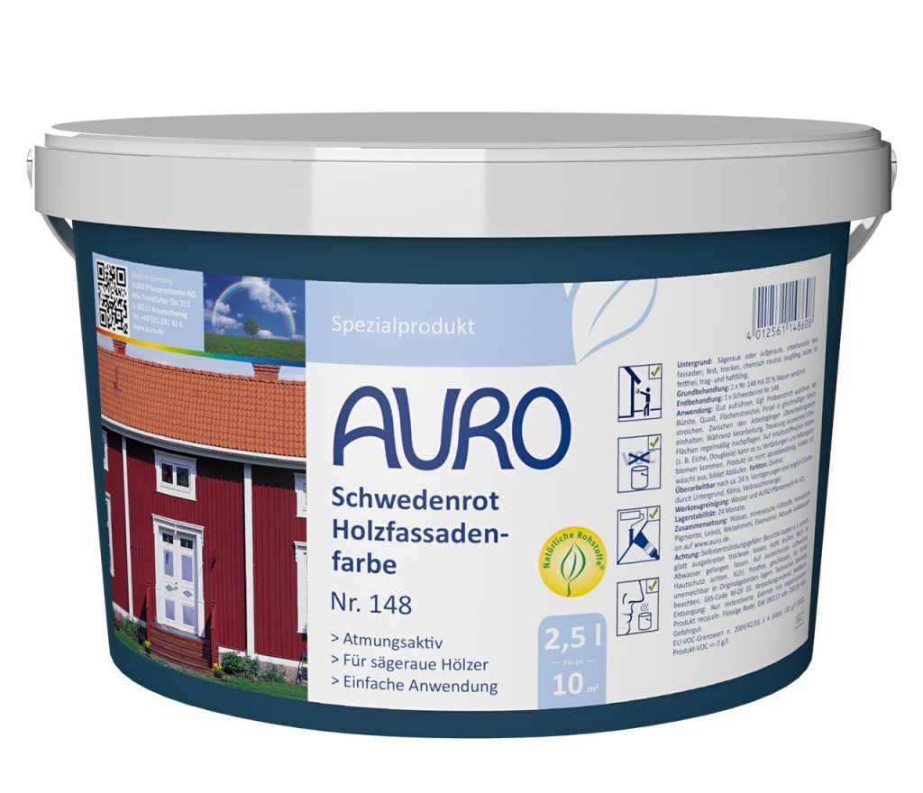 AURO İsveç Kırmızısı Ahşap Cephe Boyası No. 148, 2,5 litre ambalaj, ahşap cepheler için solvent içermez.