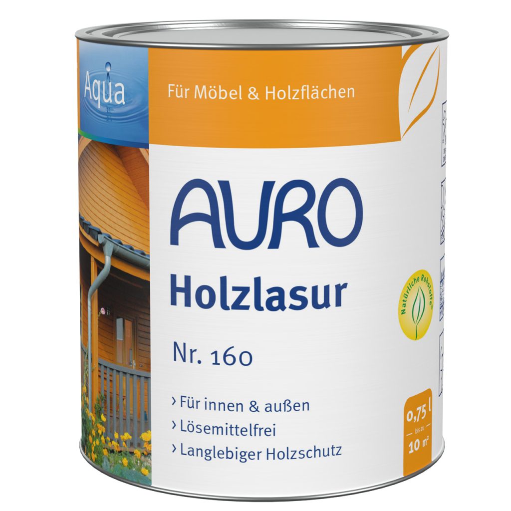 AURO Aqua Ahşap Lazuru No. 160 – 0,75 litrelik ambalaj, iç ve dış mekanda uzun ömürlü, solvent içermeyen ahşap koruması için