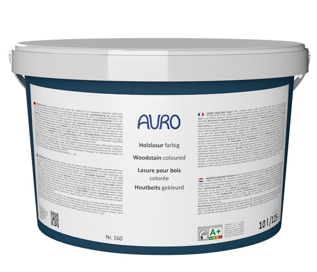 AURO Aqua Ahşap Lazur No. 160 – iç ve dış mekanda uzun ömürlü, solvent içermez ahşap koruması için 2,5 litrelik ambalaj