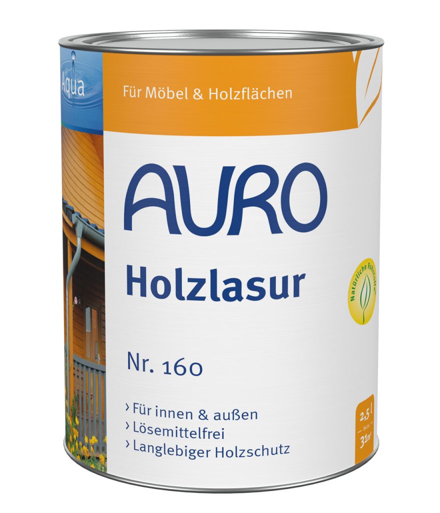 AURO Aqua Ahşap Lazur No. 160 – iç ve dış mekanda uzun ömürlü, solvent içermez ahşap koruması için 2,5 litrelik ambalaj