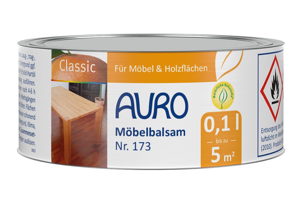 AURO Mobilya Balsamı No. 173, 0,1 litre kutu, etiket ve Bio mührü ile, mobilya ve zeminler için ahşap bakımı