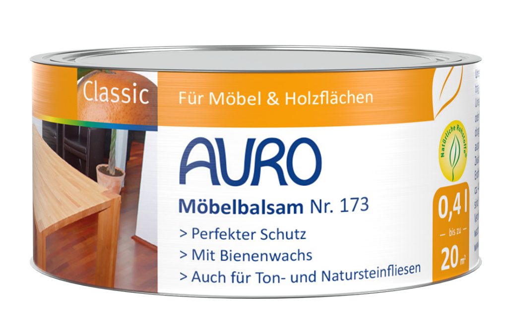 AURO Mobilya Balsamı No. 173, 0,4 litre kutu, görünür etiket ve Bio mührü ile, mobilyalar için ahşap bakımı