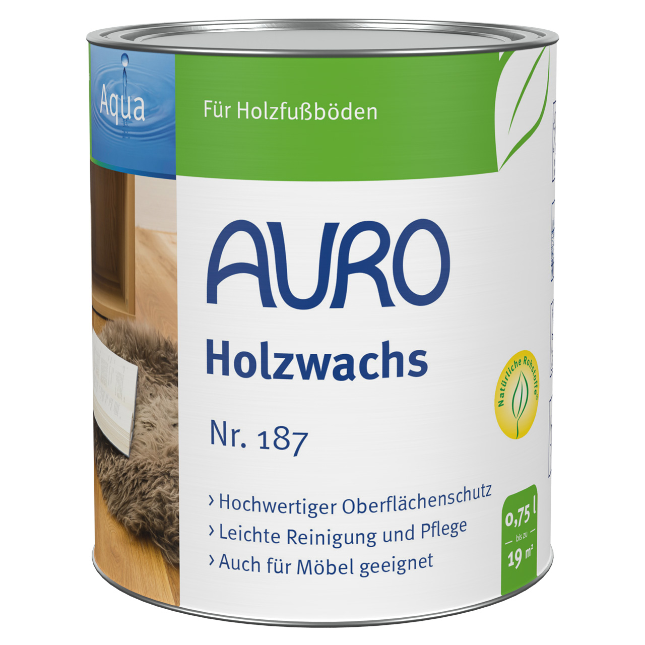 AURO Ahşap Mumu No. 187, 0,75 litrelik kutu, solvent içermez, ahşap bakımı için Aqua etiketli