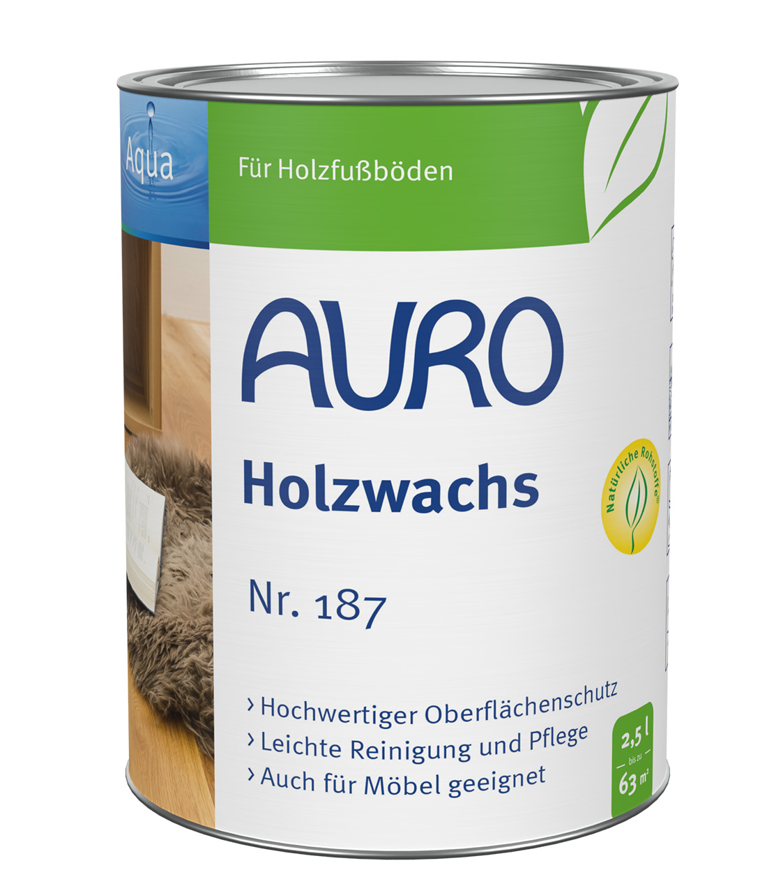 AURO Ahşap Mumu No. 187, 2,5 litrelik kutu, solvent içermez, Aqua etiketli, ahşabı ve linolyumu korur