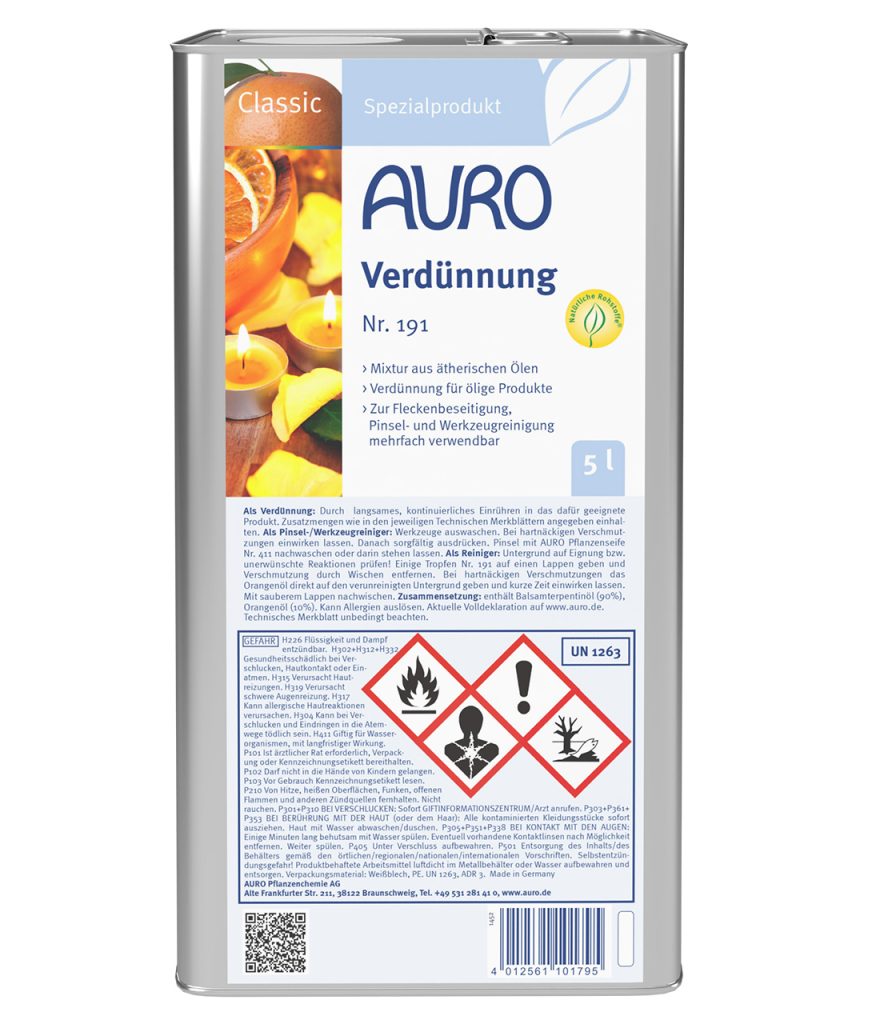 AURO İnceltici No. 191, 5 litre bidon, açık mavi etiketli ve vidalı kapaklı.