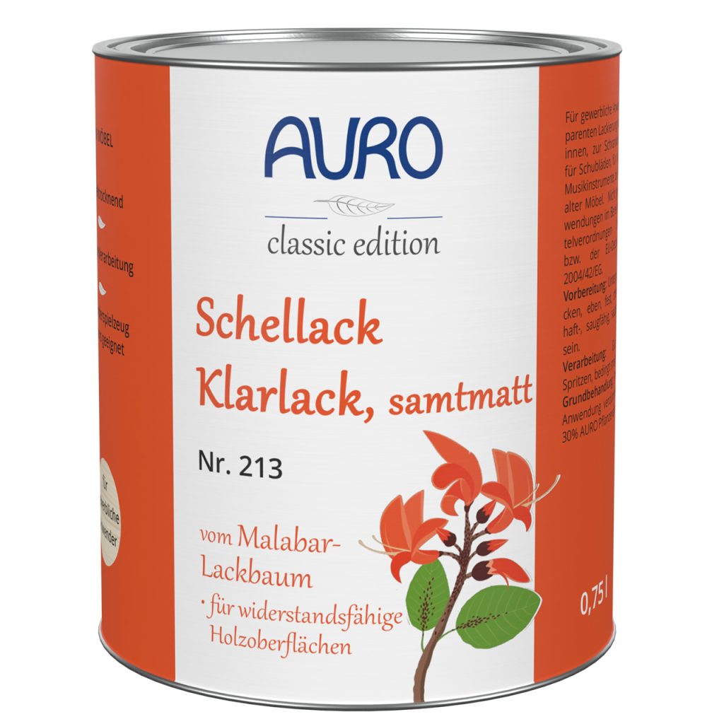 AURO Gomalak Şeffaf Vernik No. 213, kadife mat, 0,75 litre kutu, DIN EN 71 mührü ile, doğal renk